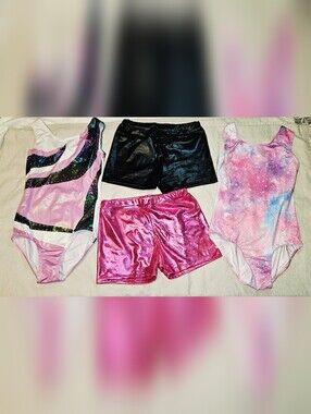 Girls Size 10 Gymnastics Set Bundle | 2 Leotards + 2 Shiny Shorts